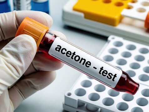 Medical scientist hand in white glove holds blood sample tube labeled acetone test. Clinical lab technician performs diagnostic analysis for diabetic ketoacidosis alcoholic ketoacidosis. Close up of