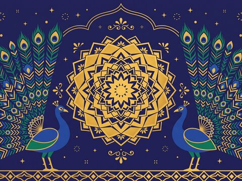 Traditional peacock mandala design, golden luxury ethnic pattern, navy blue ornamental festival background for diwali greeting card