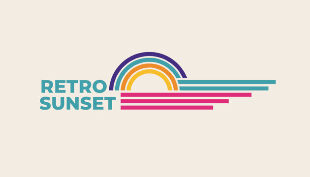 Retro sunset logo with a colorful striped half circle and horizontal lines alongside bold typography on beige.