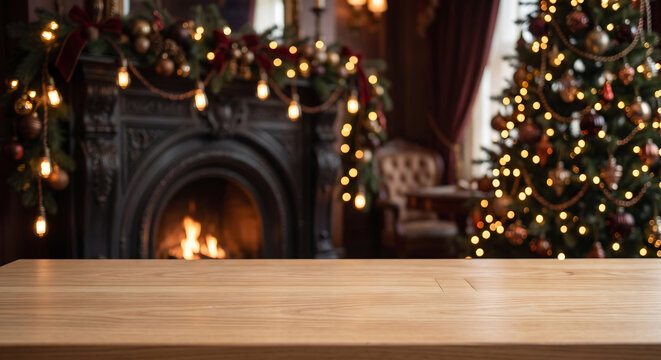 empty wooden table top display mock up, cozy christmas background with fireplace and tree, festive holiday living room backdrop