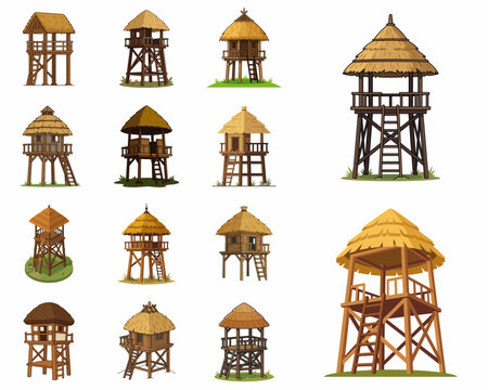 Collection of traditional wooden watchtowers and tribal huts on stilts with thatched roofs, vector illustration isolated on white