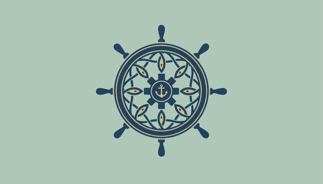 Navy blue ship steering wheel emblem with gold accents, fish patterns, and an anchor icon on a green background.