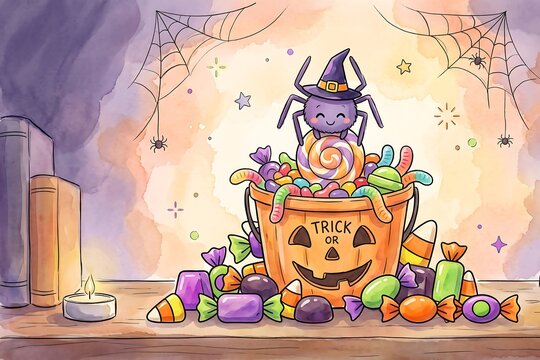 Watercolor Halloween candy bucket with cute spider wearing a witch hat, trick or treat jack-o-lantern bucket full of sweets, spooky holiday illustration for kids