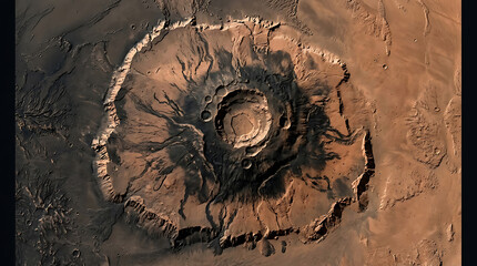 Aerial view of a large circular volcanic crater on the red dusty surface of the planet Mars © Shabnaz