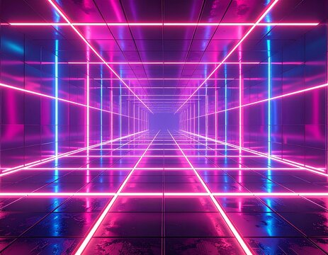 Abstract neon grid, symmetrical composition, reflective surfaces, clean futuristic style