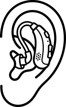 Line art illustration of a behindtheear hearing aid device worn in a human ear