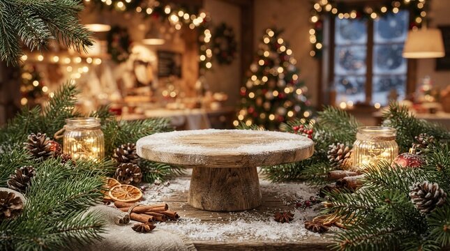 Rustic wooden cake stand on a festive Christmas display table decorated with pine branches, cinnamon sticks, and glowing candles in a cozy room with a blurred Christmas tree background.