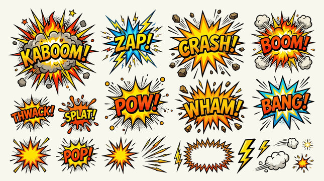 A vibrant collection of comic book style sound effect explosions and speech bubbles, featuring words like KABOOM, ZAP, CRASH, BOOM, POW, WHAM, BANG, THWACK, SPLAT, and POP.