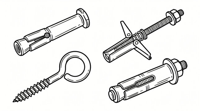 Ceiling dowels anchors heavy fasteners line art doodle graphic collection minimalist hand drawn wedge pin spring toggle cavity bolt eye lag screw hook expansion sleeve anchor plug design