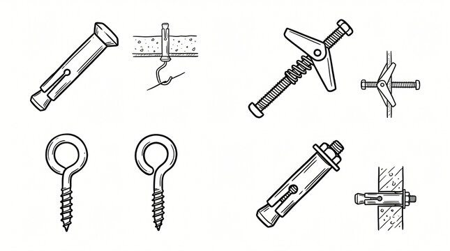 Ceiling dowels anchors heavy fasteners line art doodle graphic collection minimalist hand drawn wedge pin spring toggle cavity bolt eye lag screw hook expansion sleeve anchor plug design