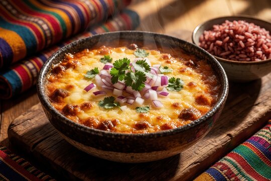 Traditional Bhutanese ema datshi stew served in ceramic bowl. Spicy chili cheese dish with red rice in side bowl. Garnish with onion, cilantro. Authentic Himalayan meal on wooden board with colorful