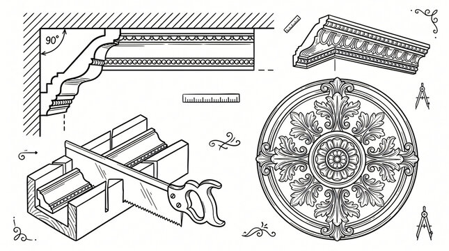 Ceiling molding cornices decorative elements line art doodle graphic collection hand drawn patterned crown molding cornice polyurethane rosette medallion miter box block saw layout