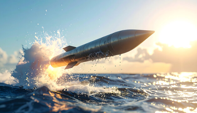 Powerful Missile Launching from Ocean Water with Explosive Splash and Golden Sunset Sky