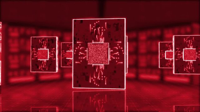 Animated red color glowing nodes with digital shield and lock digital document and cloud storage futuristic design black technology 3D background