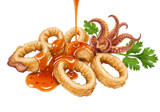squid ring fried calamari seafood sauce digital hand drawing illustration art