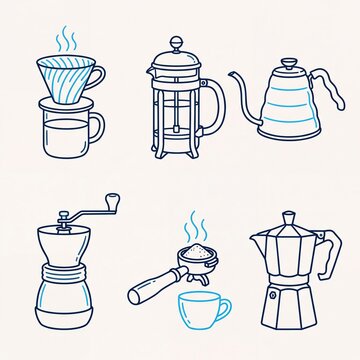 Hand Drawn Collection of Manual Coffee Brewing Equipment Doodles