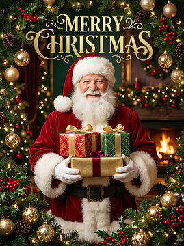 Cheerful santa claus holding wrapped christmas gifts in a festive room with a decorated tree and fireplace