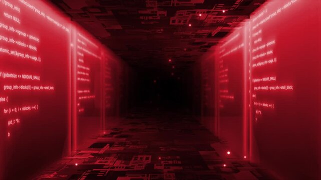 Animated red color computer motherboard  binary code inside server raks with flowing particles sci fi tunnel futuristic design black seamless technology 3D background 