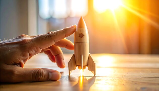 Hand launching wooden toy rocket into bright sunlit sky concept for startup innovation and new beginnings
