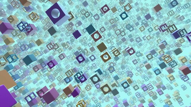 Spatial matrix of pastel-colored geometric voxel cubes, hollow frames, and blocky structures floating continuously through a light teal atmospheric background.