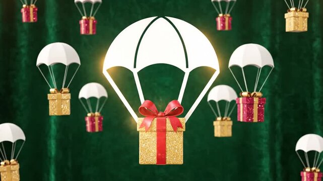 Christmas Gifts Falling From Sky Parachutes Festive Holiday Animation