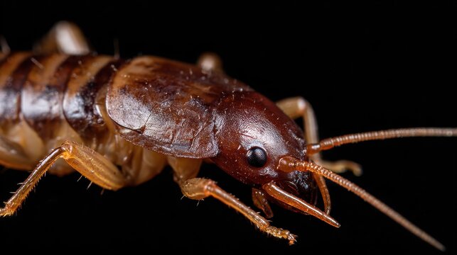 Intricate Macro View of an Earwig's Detailed Head and Antennae Against a Dark Background