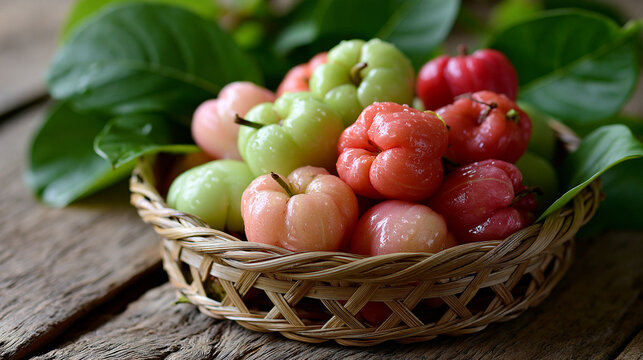Close Up Basket of Fresh Wax Apples Resting on Large Green Tropical Leaves