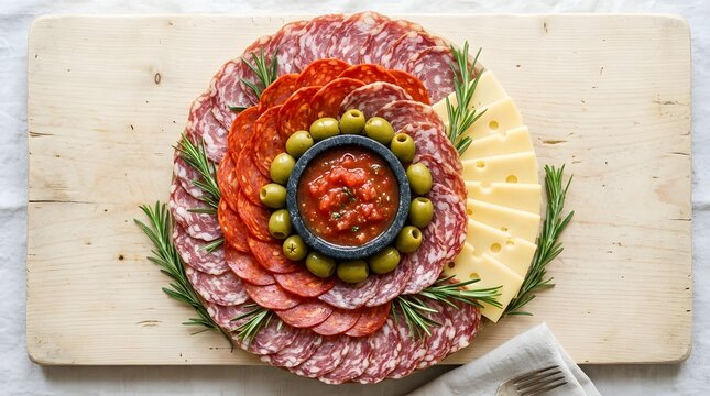 Top view of a circular charcuterie board featuring assorted cured meats, salami, chorizo, green olives, sliced cheese, and fresh rosemary with tomato dip on a wooden serving board.