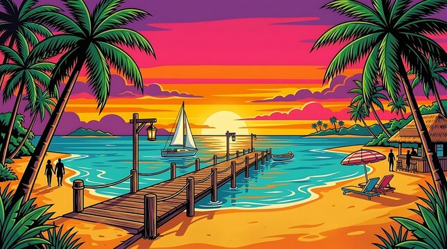 Vibrant tropical beach landscape with a wooden pier and sailboat at sunset