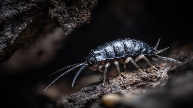 Silverfish insect crawling on a textured branch in a dark, dusty environment
