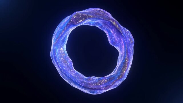 Glowing blue liquid torus ring with sparkling gold particles floating in a loop