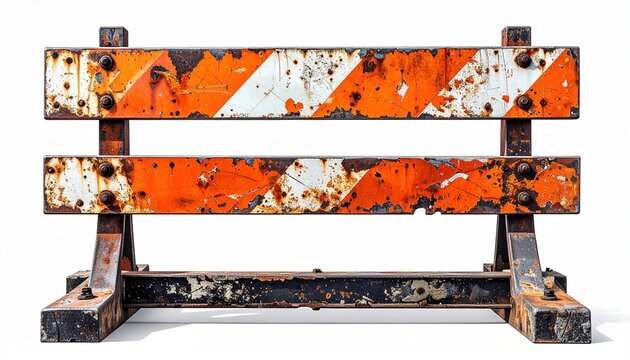Vintage construction barriers with orange white stripes isolated on white