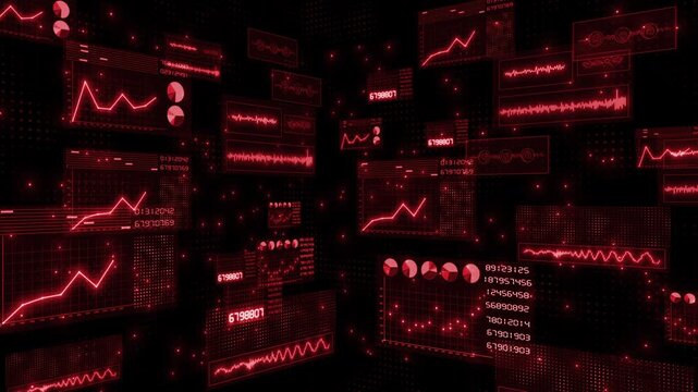 Animated red color with futuristic head up display (HUD UI) technology interface screen and chat panel advanced data analysis algorithms dashboard display technology 3D background