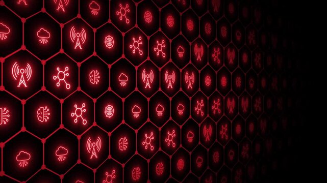 Animated red color glowing nodes connected by lines with blank space digital document and cloud storage futuristic design black technology 3D background