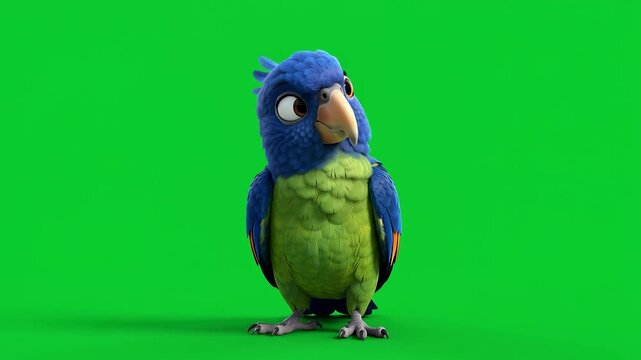 Cute cartoon parrot standing against solid green screen background