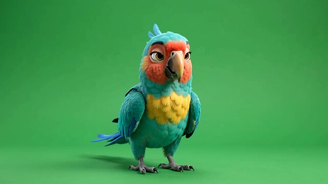 Cute cartoon parrot standing in studio with blue feathers on green screen