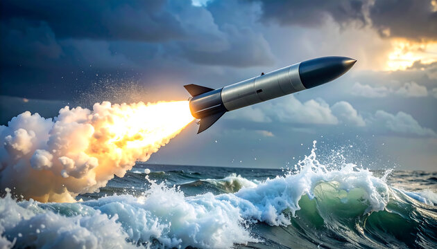 Powerful Missile Launching from Ocean Surface with Fiery Exhaust and Crashing Waves Dramatic Scene
