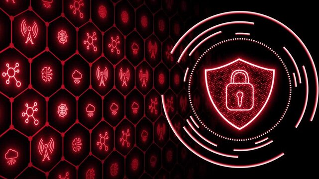 Animated red color glowing nodes with digital shield and lock digital document and cloud storage futuristic design black technology 3D background