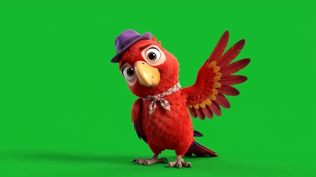 Cartoon parrot character wearing hat and bandana gesturing on green background