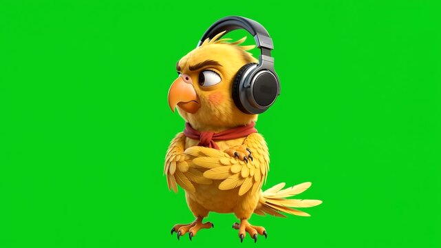 Funny cartoon parrot wearing headphones and standing on green screen background