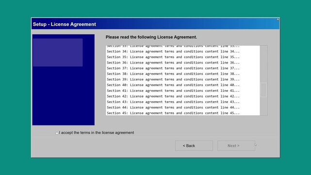 Retro software license agreement windows on teal background