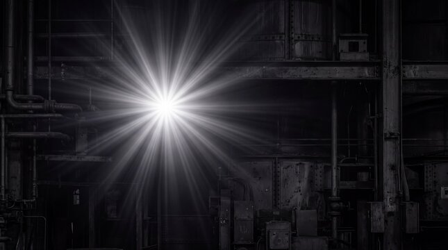 Brilliant white starburst light flare illuminating the dark and gritty interior of an old industrial factory with weathered metal pipes, machinery, and storage tanks in dramatic black and white