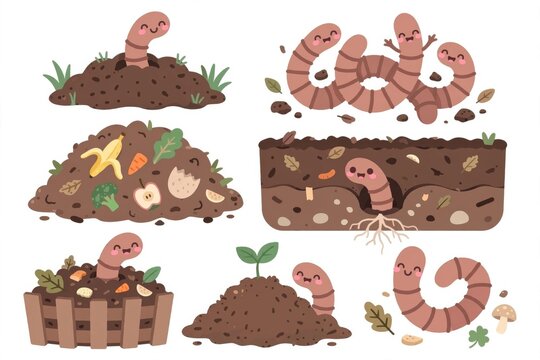 A collection of cute earthworms living in soil and composting organic waste for garden health.