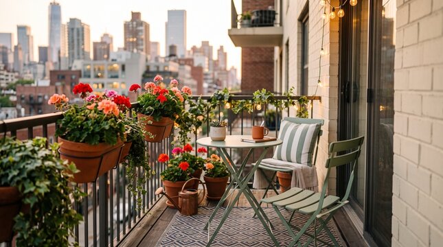 A compact urban apartment balcony featuring a space-saving sage green metal bistro set and terracotta plant pots.