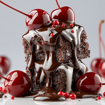 Gourmet chocolate cake slice with dripping ganache and fresh cherries sweet food delicious