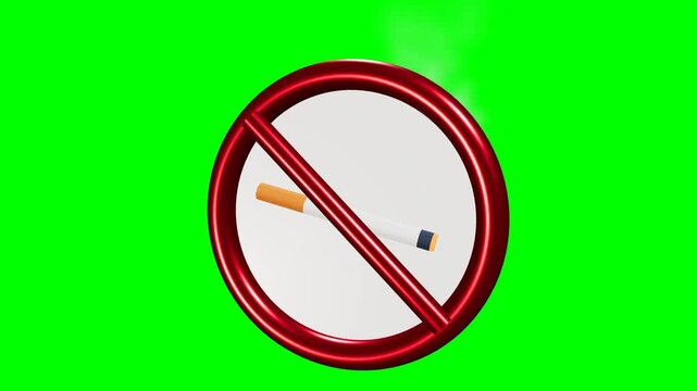 4K 60fps 3D motion graphics animation of a metallic red prohibition No Smoking sign with a realistic lit cigarette, burning ash ember, rising wispy smoke particles, and smooth continuous rotational pr