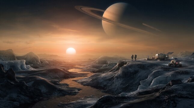 Astronauts base on Titan moon with Saturn planet rising in sunrise sky background
