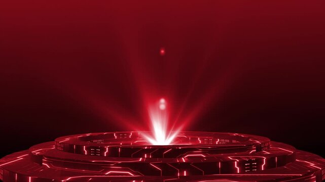 Animation red color hologram projector base emitting optical rays hitech design blank space loopable technology background