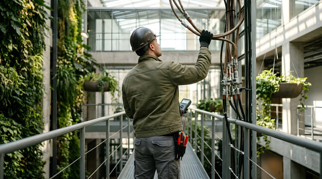 Modern worker inspecting intricate overhead power lines amidst lush vertical greenery, showcasing smart grid integration and sustainable energy infrastructure, ideal for energy sector marketing,