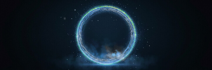 Fototapeta premium Glowing icy blue neon particle ring with silver inner lines on dark navy background, luminous circular frame with cold blue mist, tiny snowflakes and falling snow, magical winter banner with copy spac